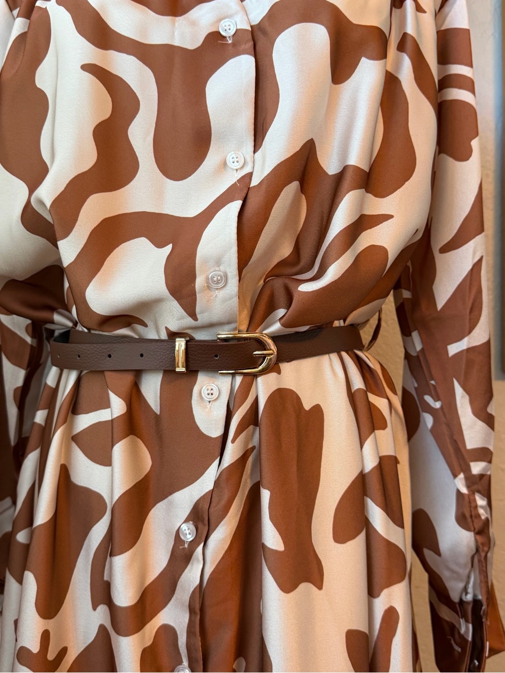 NWT ITOO Made in Italy Abstract Brown & Cream Maxi Shirt Dress with Belt Sz Smal - Picture 4 of 10